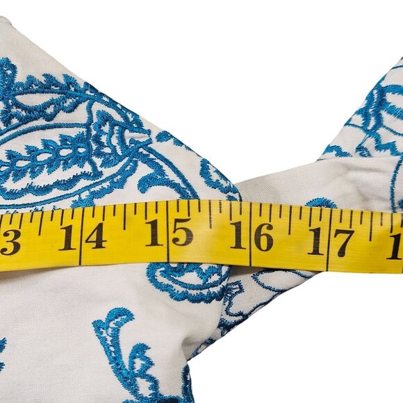 Alice + Olivia Blue White Paisley Mini Dress Size 6 | Ruffle Hem Summer Vacation - Picture 11 of 16